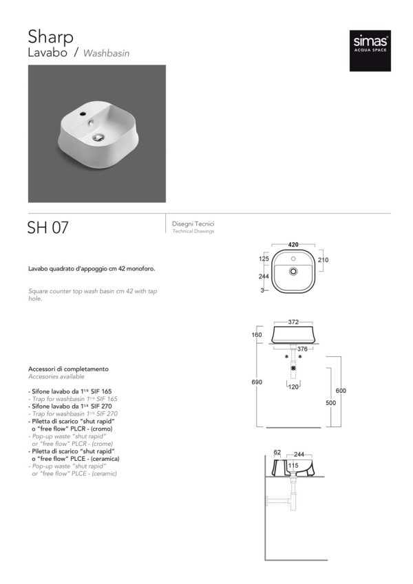 Умивальник SH 07 Sharp (SH07) Glossy white, SIMAS - Зображення 3