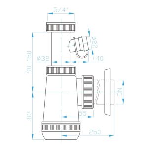 DV15330 Пластиковий сифон для раковини 1 1/4  з виходом для пральних машин (1 сорт)