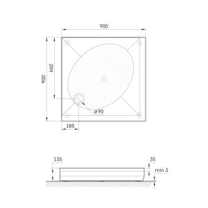 KDPARTKV90/00 ART KV 90 Піддон душовий квадратний 90х90 см з литого (штучного) каменю з ніжками та панеллю, антиковзка поверхня, білий глянець (1 сорт)