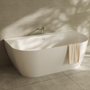 160.086.043.1-3.0.3.X.X Ванна Scorpius Lite пристінна, з переливом та сифоном, біла, штучний камінь, 1600x860 (1 сорт)