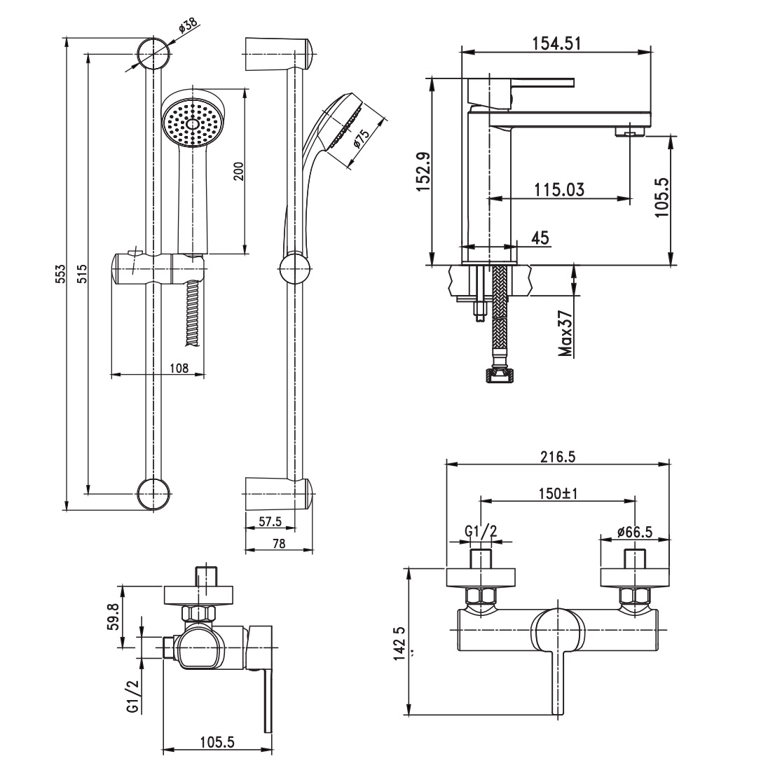 47566134 SHOW Набір змішувачів (Змішувач для раковини, змішувач для душу, штанга, шланг, ручний душ) (1 сорт) - Зображення 2