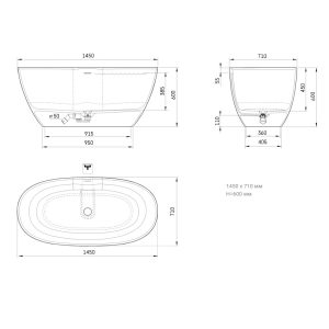 VAPERL145/00 Perla Ванна окремостояча 145*71 см з литого (штучного) каменю, з інтегрованим сифоном, колір білий глянець (1 сорт)