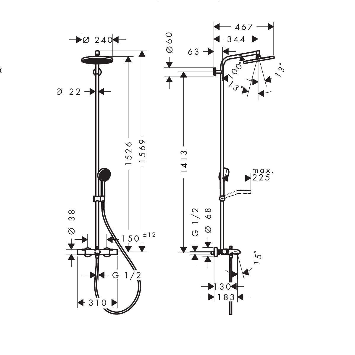 28871670 HG Activera S Душова система Showerpipe 240 1jet EcoSmart з термостатом на ванну Ecostat Fine, чорний матовий (1 сорт) - Зображення 3