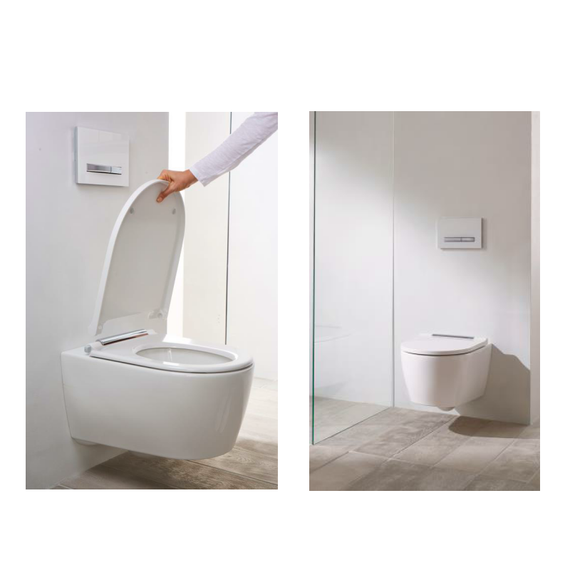 500.202.01.1 Підвісний унітаз Geberit ONE, без обідка, воронкоподібний змив TurboFlush, прих.кріплення, декор накладка хром, захисне покриття KeraTect: в комплекті з кришкою Duroplast, швидкоз'ємні петлі, SoftClose та із звукоізолюючою прокладкою (1 сорт) - Зображення 6