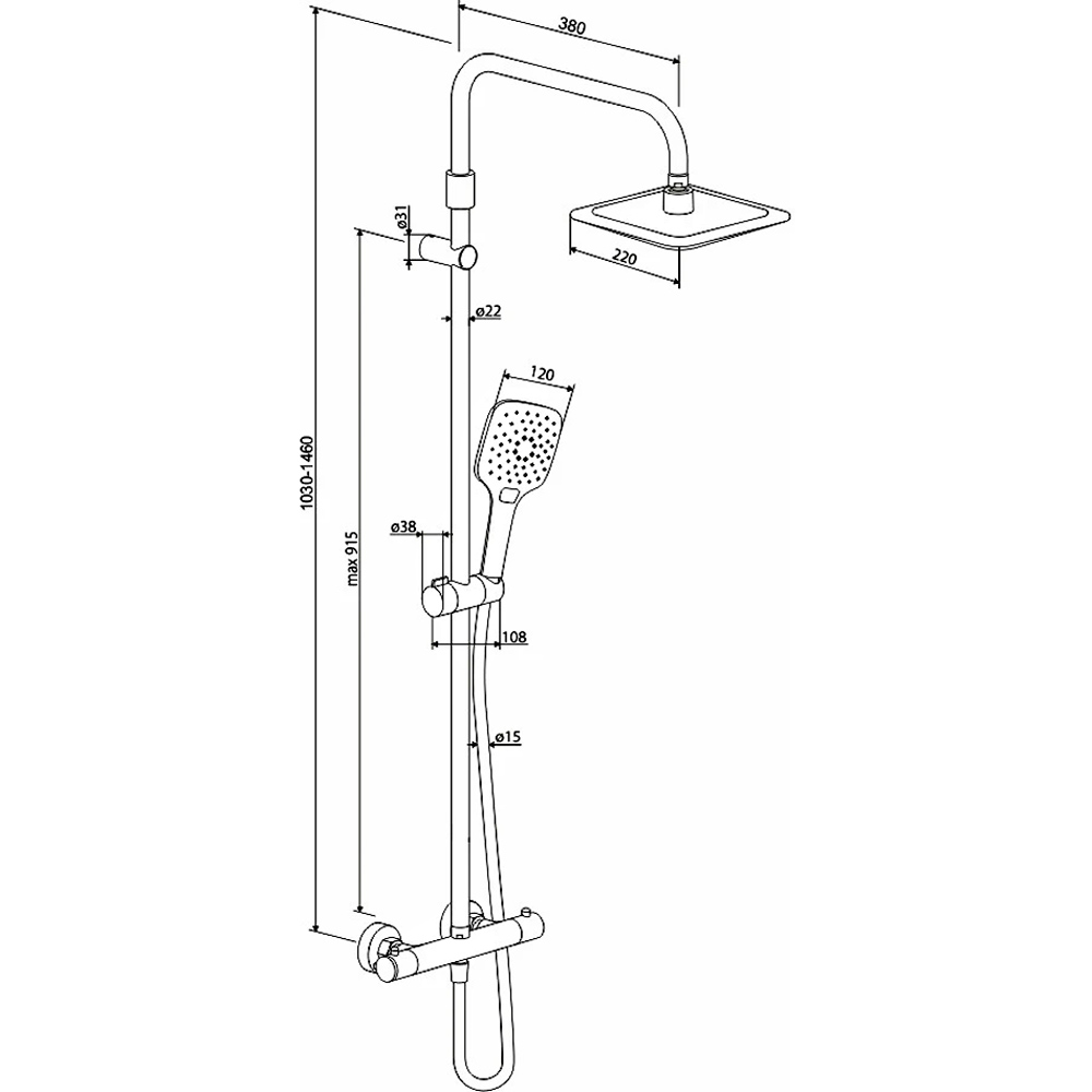DX218092000 Option, душова система з ТМС для душу: верхній душ 230*230мм, ручний душ 120мм, хром (1 сорт) - Зображення 2