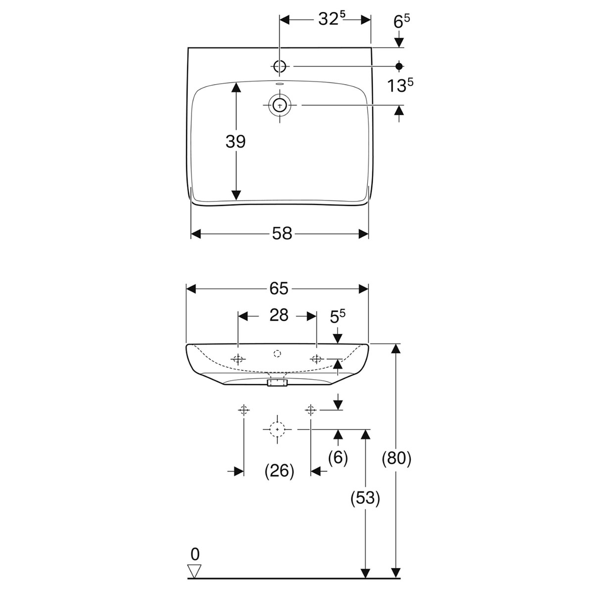 501.463.00.7 Selnova Comfort Умивальник 65см для людей з обмеженими фізичними можливостями, з 1 отв.під змішувач та переливом, білий глянець (1 сорт) - Зображення 2