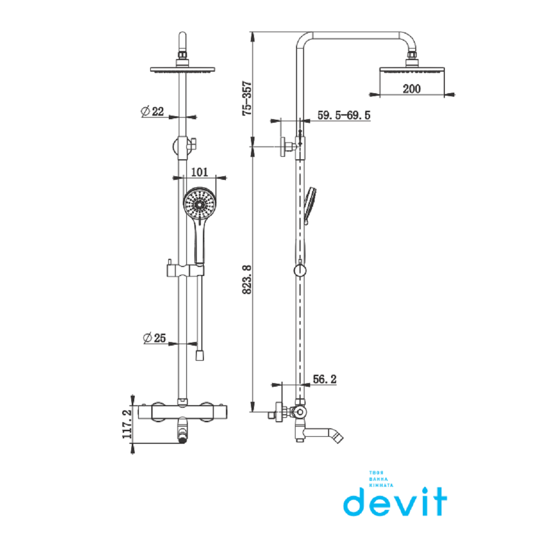 50502203B FRIDA Душова система з виливом і термостатом д/душа, чорний матовий (1 сорт) - Зображення 2